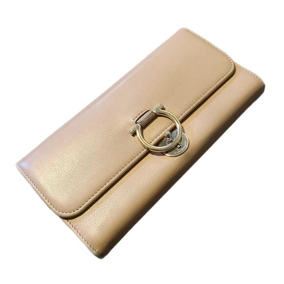 Salvatore Ferragamo Smooth Khaki Leather & Gold Gancini Fold Over Long Wallet - Picture 12 of 12